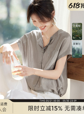 [博主同款]XWI欣未慵懒醋酸衬衫女夏季薄款清爽收腰显瘦短袖衬衣
