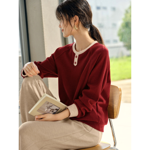 XWI欣未美拉德撞色拼接磨毛绒感卫衣女秋季宽松休闲红色显瘦上衣