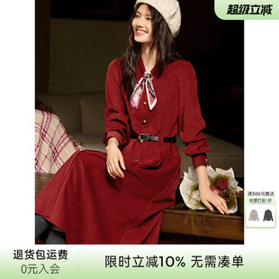 XWI欣未法式 磨毛长款 婚宴礼服衬衫 裙 优雅丝巾领红色连衣裙女冬季