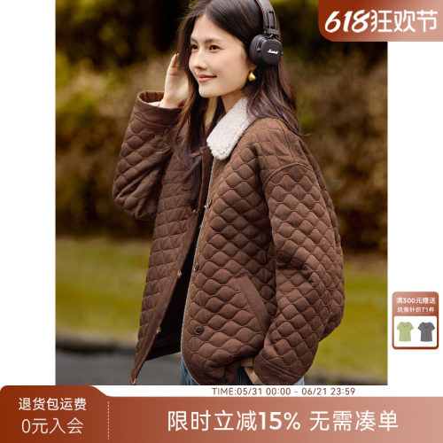 XWI欣未羊羔毛撞色菱形格翻领棉衣女2025年冬季温柔减龄棉服外套