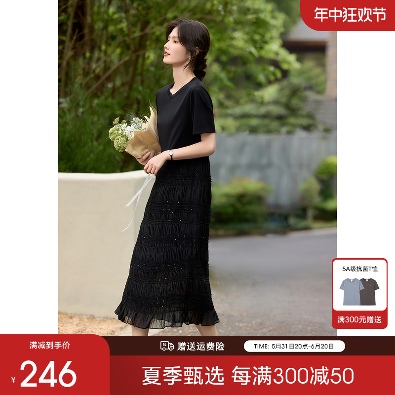XWI欣未优雅气质黑色连衣裙女夏季新款修身显瘦泡泡袖设计网纱裙