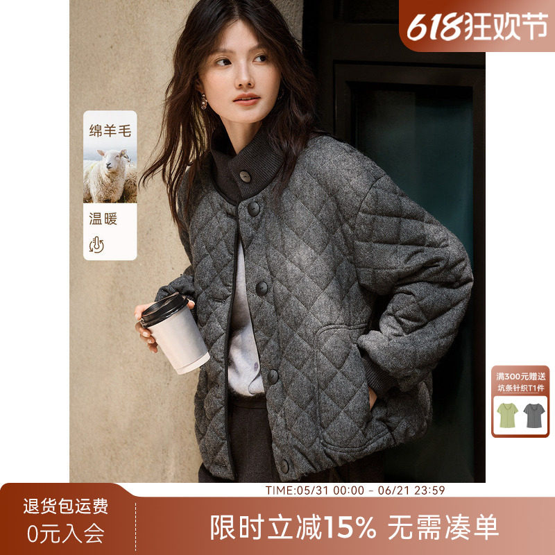 XWI欣未含羊毛撞色针织菱形棉衣棉服女冬小个子宽松显瘦短款外套