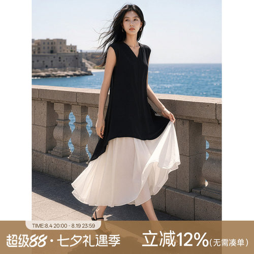 XWI欣未含莱赛尔亚麻黑白拼色裙