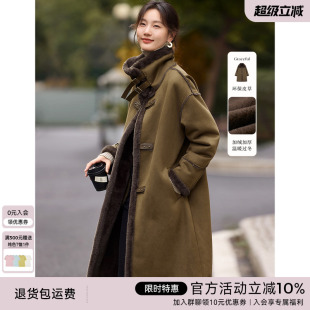 XWI欣未加绒加厚翻领外套女24年冬季 皮毛一体上衣 新款 过膝中长款