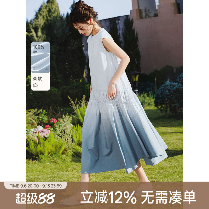 XWI欣未100%纯棉渐变晕染连衣裙女2026夏季旅游度假风收腰显瘦裙图片
