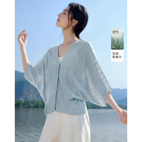 XWI欣未亚麻莱赛尔针织开衫女2026夏季新款宽松型蝙蝠衫气质上衣
