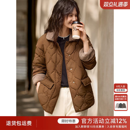 XWI欣未羊羔毛拼接棉衣棉服女2025秋冬新款宽松显瘦翻领夹棉外套