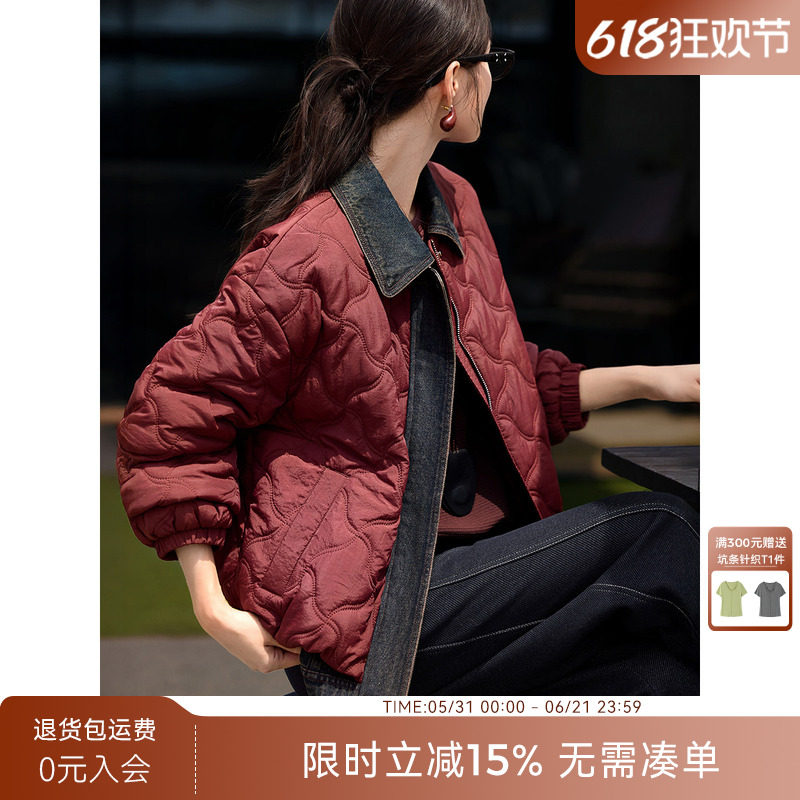 XWI欣未安可拉红牛仔拼接棉衣棉服女冬季短款复古假两件设计外套