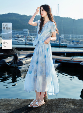 XWI欣未含莱赛尔法式衬衫套装女2026夏季旅游度假蓝色穿搭一整套