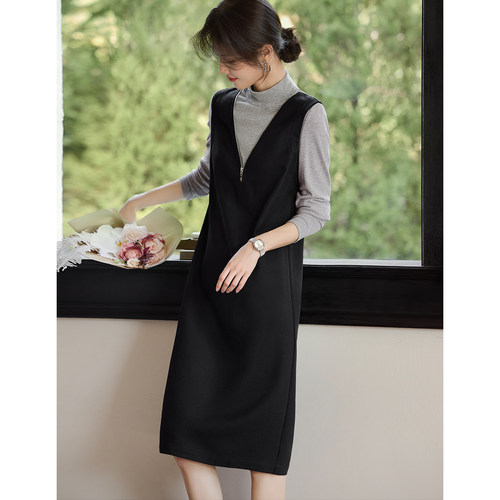 XWI欣未知性优雅假两件拉链V领连衣裙女2025秋冬正式场合气质裙子