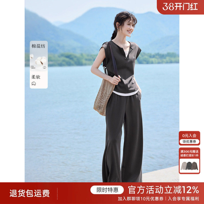 XWI欣未假两件撞色时尚休闲运动套装女夏季短袖卫衣裤子两件套