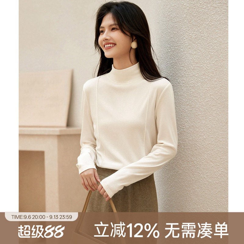 XWI欣未气质半高领绒感T恤打底衫女2026年秋季黑色显瘦内搭上衣图片