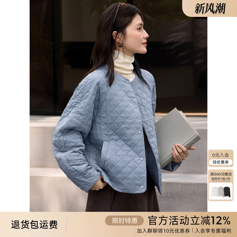 XWI欣未休闲百搭菱格棉衣棉服女2025年冬季圆领宽松显瘦保暖外套