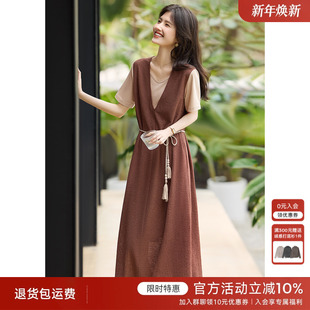 XWI欣未波西米亚镂空针织连衣裙女2025春夏收腰绑带假两件拼接裙