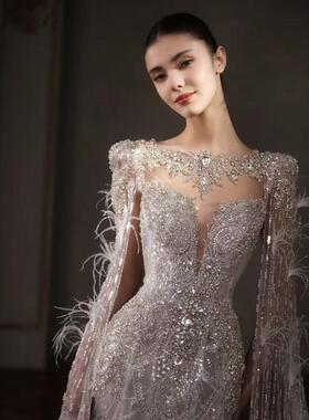 结婚法式鱼尾婚纱新款高定拖尾奢华重工礼服定制敬酒晚礼服高端