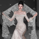 2025新款 鱼尾婚纱新娘主纱高端重工高定拖尾宫廷风蕾丝一字肩 法式