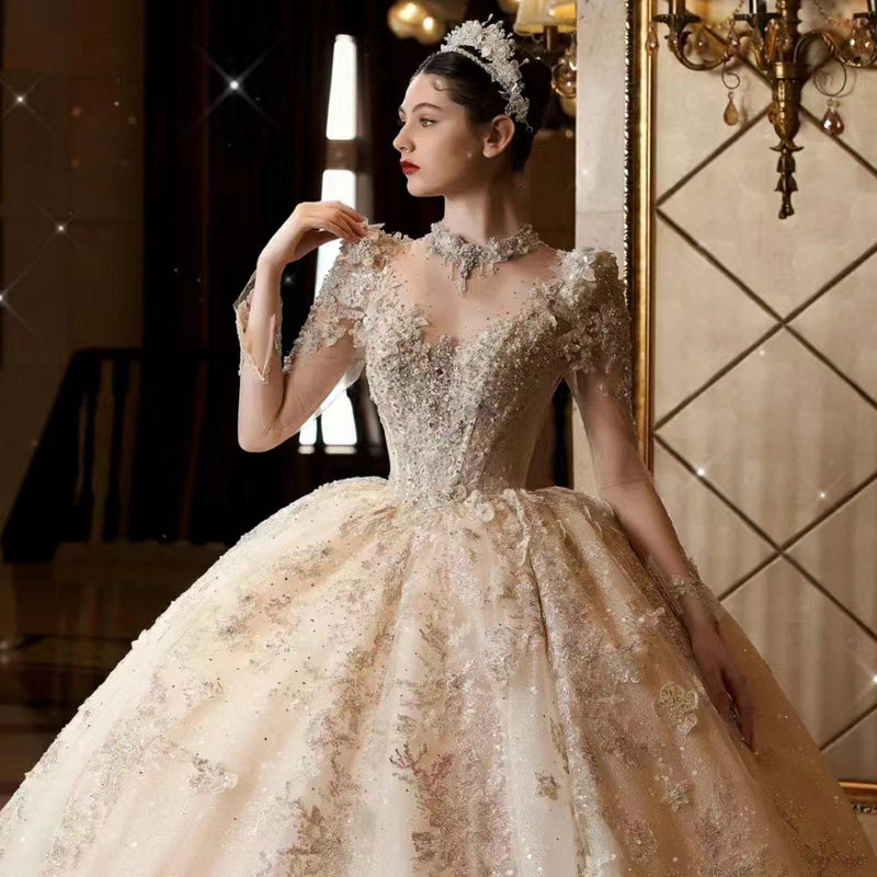 法式宫廷风婚纱新娘2024重工婚服婚纱长袖高端婚纱重工款婚纱拖尾