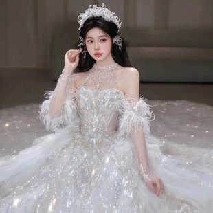 超级重工挂脖气质纱浪漫纱宫廷风主婚纱抹胸2024年新款可拆袖子