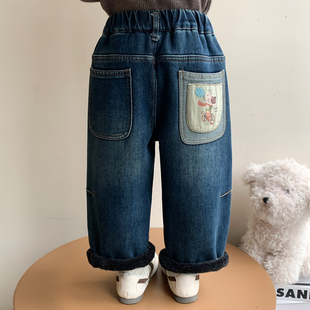 加厚绒女童裤子女宝宝2025新款儿童秋冬季牛仔裤一体绒加绒直筒裤