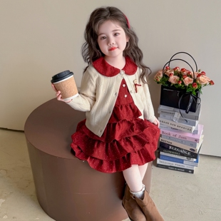 女童连衣裙早春季宝宝公主裙周岁礼服儿童针织开衫裙子套装