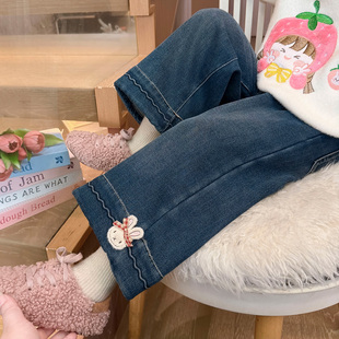 女童牛仔裤秋冬季2025新款儿童加绒一体绒厚绒女宝宝加厚直筒裤子