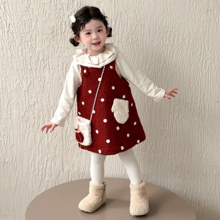女童加厚连衣裙套装儿童红色秋冬季女宝宝裙子新年过年衣服拜年服