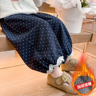 女童裤子2026新款女宝宝秋冬季波点儿童休闲裤一体绒加绒外穿加厚