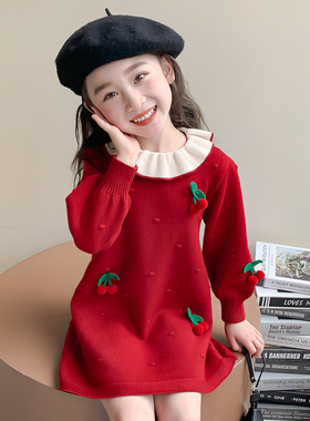 女童樱桃针织毛衣裙子春秋冬季2025新款儿童冬装女宝宝红色连衣裙
