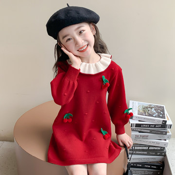 女童樱桃针织毛衣裙子春秋款