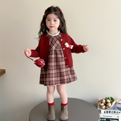 女童连衣裙红色冬装 2026新款 儿童裙子红格宝宝拜年服新年过年衣服