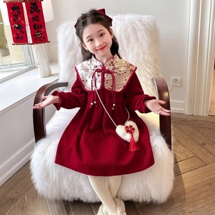 女童连衣裙秋冬装红色儿童中国风宝宝新年过年拜年服冬季梅花裙子