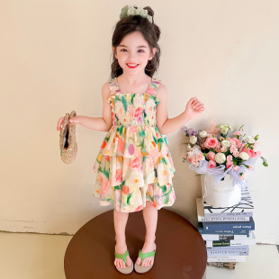 女童夏季 2025新款 女孩夏裝 裙子寶寶度假海邊連衣裙 花朵吊帶裙夏裝