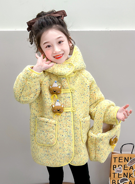 女童加绒加厚中长款黄色连帽毛毛衣外套洋气冬装保暖棉衣大衣秋冬