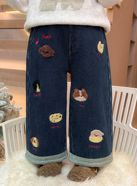 女童牛仔裤子秋冬季2026新款儿童加绒外穿一体绒女宝宝小狗直筒裤