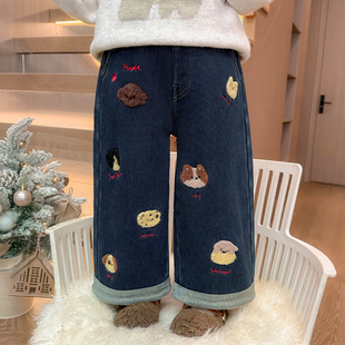 儿童加绒外穿一体绒女宝宝小狗直筒裤 2025新款 子秋冬季 女童牛仔裤