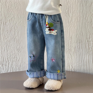 加厚外穿直筒裤 儿童女宝宝一体绒秋冬季 子 2025新款 女童加绒牛仔裤