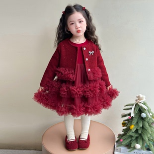 女童连衣裙套装加绒冬装儿童冬季拜年服过年闪亮新年红色宝宝裙子