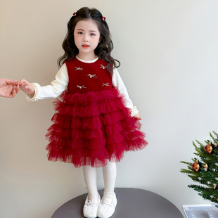 女童连衣裙秋冬装2025女宝宝红色儿童拜年服新款过年衣服爱心裙子