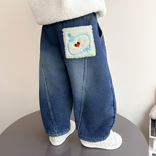 女童牛仔裤子秋冬季2025新款儿童加绒外穿宝宝一体绒加厚绒直筒裤