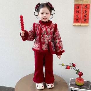 女童拜年服冬季儿童汉服冬装新年国风红色叶绿女宝宝喜庆过年衣服