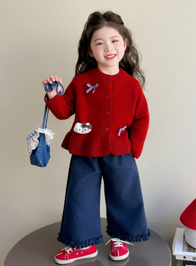女童毛衣针织开衫外套春秋红色2025新款儿童秋冬猫咪毛线衣女宝宝