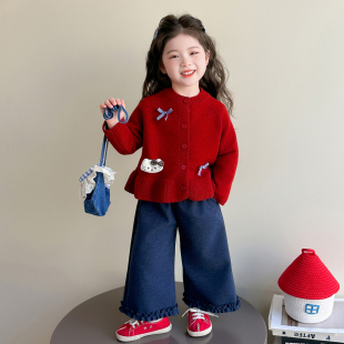 女童毛衣针织开衫外套春秋红色2025新款儿童秋冬猫咪毛线衣女宝宝