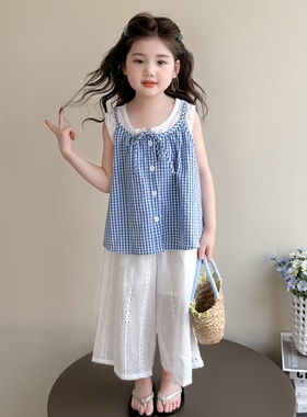 女童夏装夏天两件套2026新款儿童蓝色格子套装宝宝夏季薄款套装