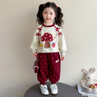 女童春秋款蘑菇套装2026新款洋气时髦儿童女宝宝春季春装早春卫衣