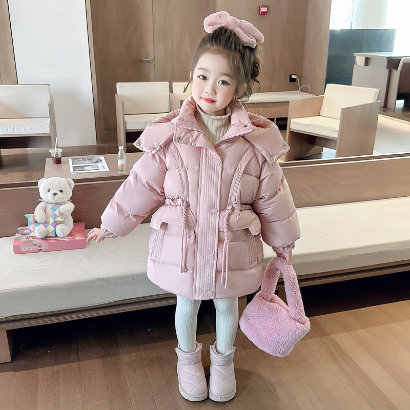 小女童羽绒服2025冬季新款女宝宝抽绳中长款羽绒外套儿童冬装加厚