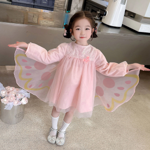 女童春季连衣裙2026新款洋气小女孩翅膀公主裙宝宝春秋款春装裙子
