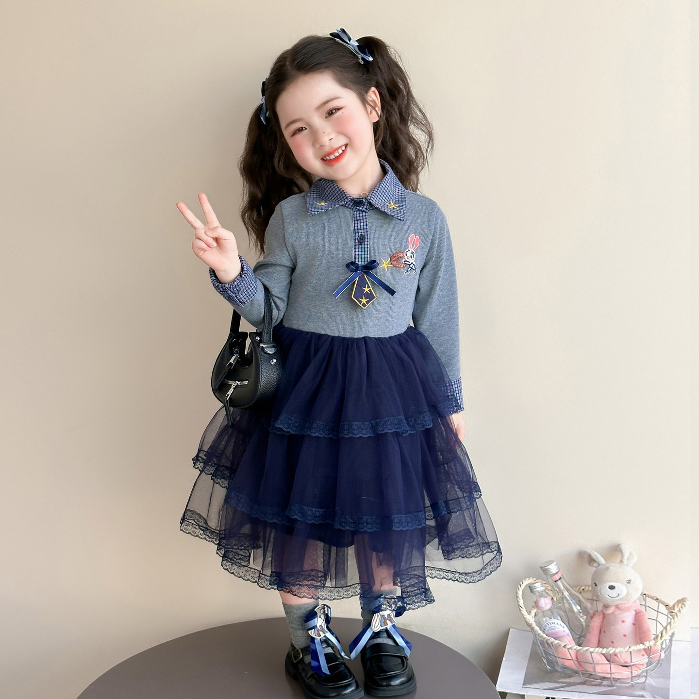 女童春秋款蓬蓬裙子春装2026新款儿童蓝兔春季连衣裙女宝宝公主裙