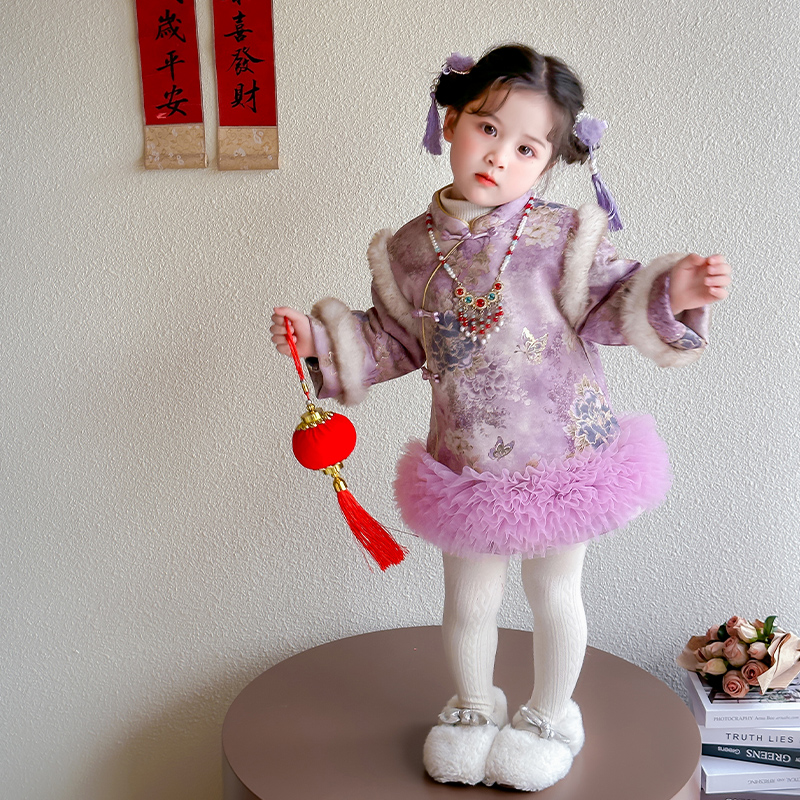 女童冬季2025新款儿童盘扣过年拜年服连衣裙宝宝国风冬装旗袍裙子