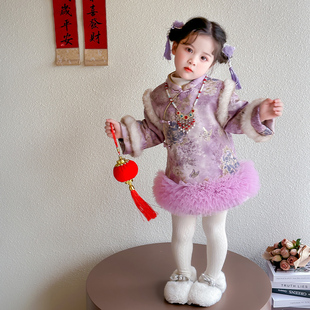 女童冬季2025新款儿童盘扣过年拜年服连衣裙宝宝国风冬装旗袍裙子