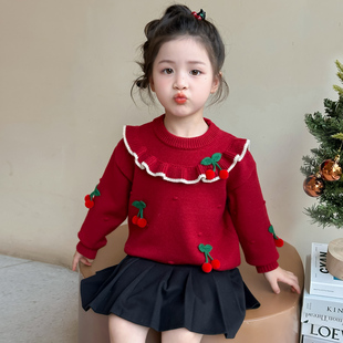 女童毛衣针织打底衫上衣冬季2025新款女宝宝樱桃红色儿童新年衣服